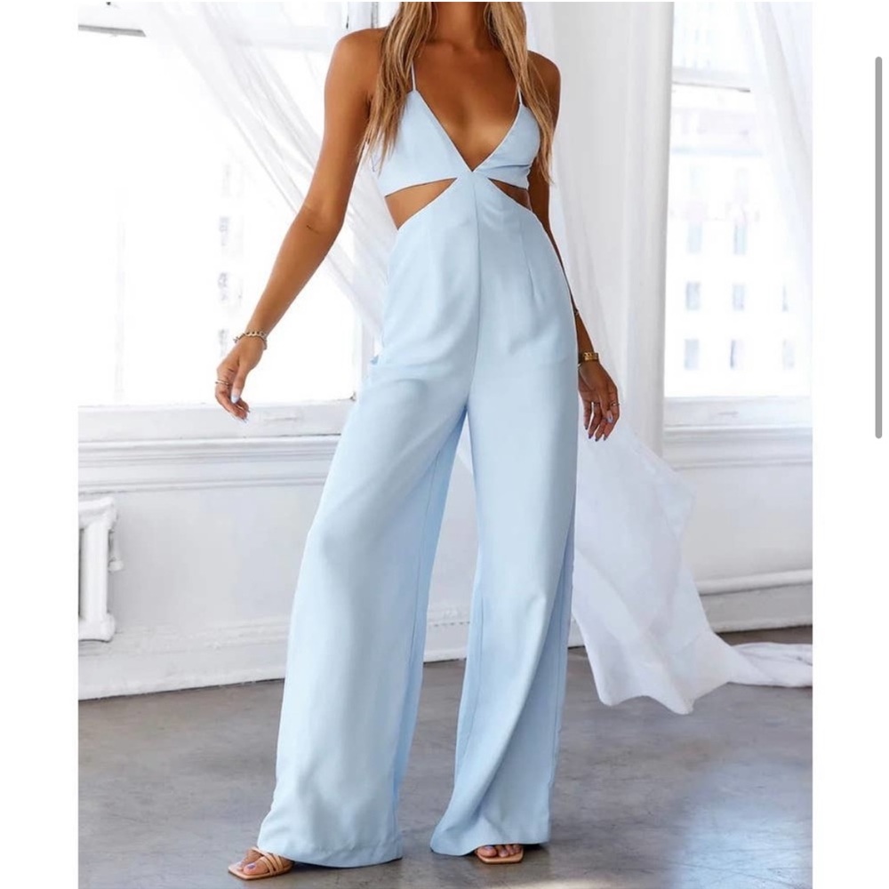Hello Molly Baby Blue Strut It Cut Out Strappy Tie Back Wide Leg Jumpsuit NWT M